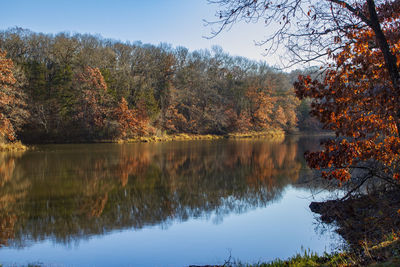 Scenic view of lake by trees against sky during autumn