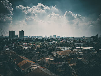 High angle view of buildings against sky