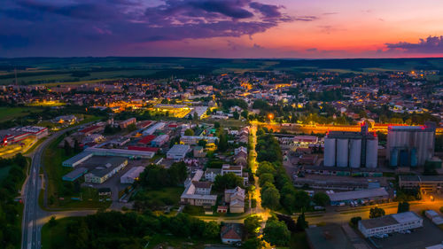 High angle view of townscape against sky at sunset