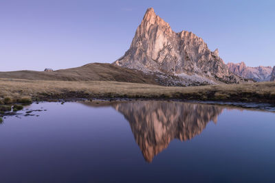 Reflection of mountains in lake against clear blue sky