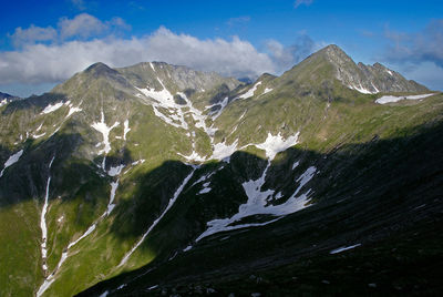 Scenic view of land and mountains against sky