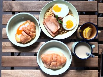 High angle view of breakfast served on table