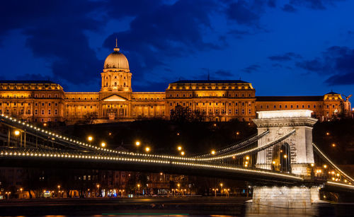 Royal palace or the buda castle and the chain bridge after sunset in danube river budapest hungary.