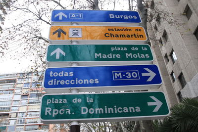 Low angle view of road sign against trees