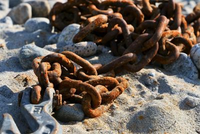 Close-up of rusty chain on rock