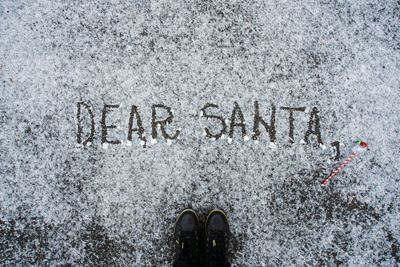 Low section of shoes with text