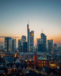 High angle view of city at sunset