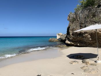 Scenic view of rocks on beach against clear blue sky