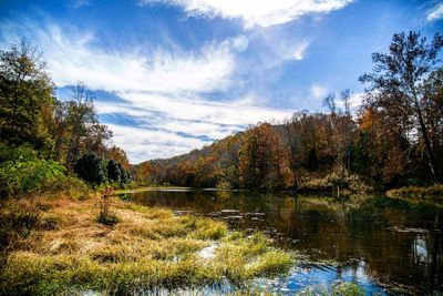 Scenic view of lake against cloudy sky