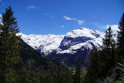 Scenic view of snowcapped mountains against blue sky