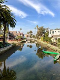 Houses and palm trees against sky