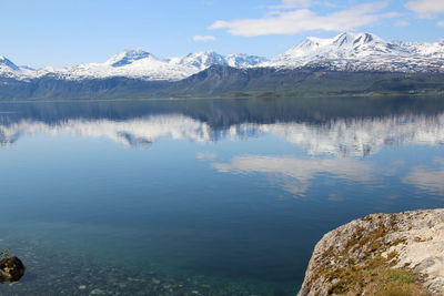 Scenic view of lake and mountains against sky during winter