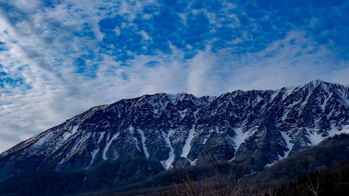 Low angle view of snowcapped mountain against sky