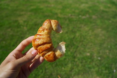 Close-up of hand holding hot dog