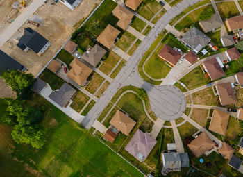 High angle view of buildings in field