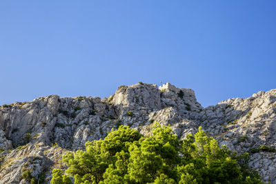 Low angle view of rock formation against clear blue sky