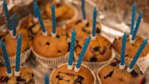 Close-up of cupcakes with blue candles