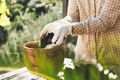 Spring gardening. hands in gloves plant a flower bulb and pours the ground in ceramic flower pot. 