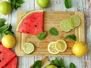 Directly above shot of chopped fruits on cutting board