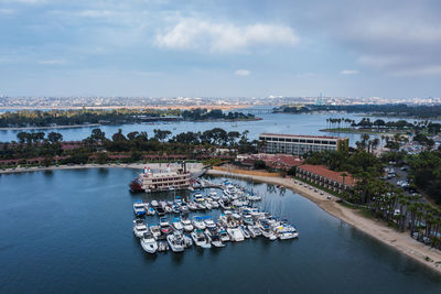 Aerial view of docked boats at santa barbara cove in mission bay, san diego california.