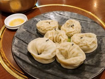 High angle view of food in plate on table