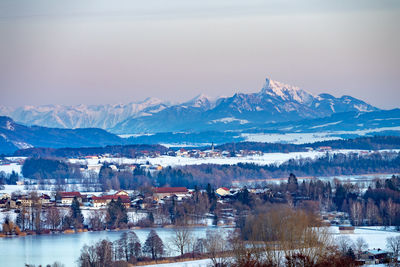 Scenic view of snowcapped mountains and lake against sky