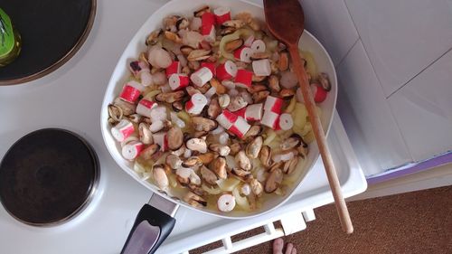 High angle view of food in cooking pan on table