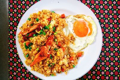 High angle view of breakfast served on table