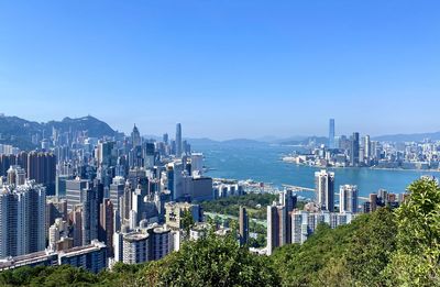 Aerial view of city buildings against clear blue sky