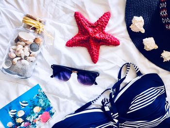 High angle view of strawberries on table