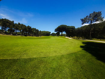 Scenic view of golf course against sky