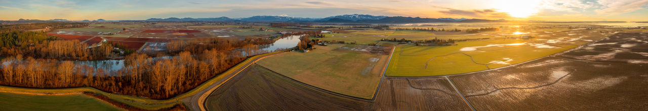 Sunrise panorama of the skagit valley. aerial panoramic view of the skagit valley during wintertime.