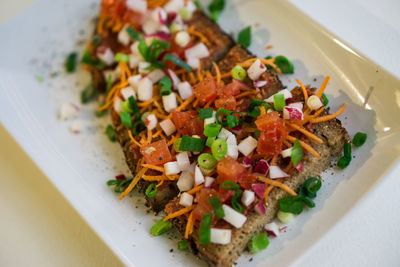 High angle view of chopped vegetables in plate