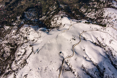 High angle view of snow covered land