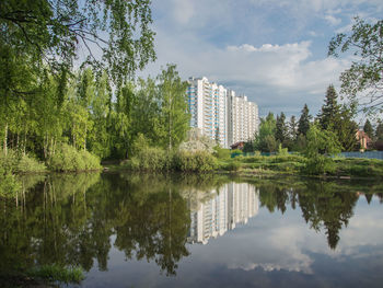 Reflection of trees in lake against sky