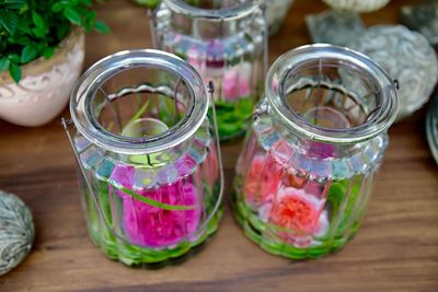 High angle view of glass jar on table