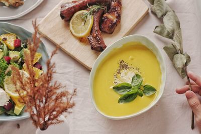 High angle view of meal served on table