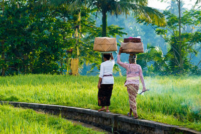 Rear view of woman walking on field against trees