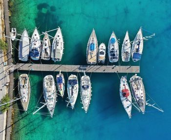 High angle view of boats moored in lake