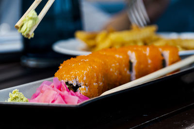 Close-up of food in plate on table