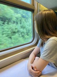 Rear view of girl sitting on train window