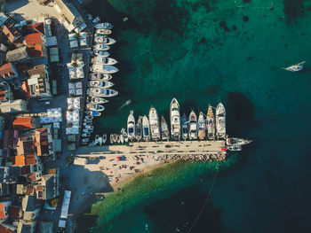 Aerial view of buildings by river