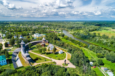 High angle view of buildings against sky