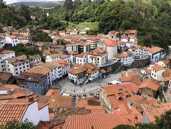 High angle view of houses in town