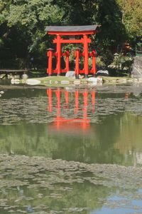 Red fire hydrant in temple