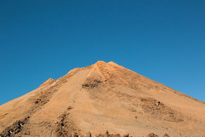 Low angle view of sand dunes against clear blue sky