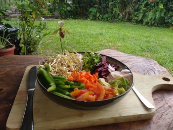 High angle view of vegetables in bowl on table