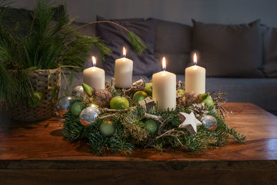 Close-up of christmas decorations on table