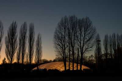 Silhouette bare trees on field against sky at sunset