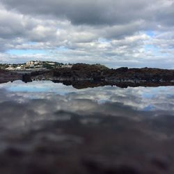 Scenic view of calm lake against cloudy sky